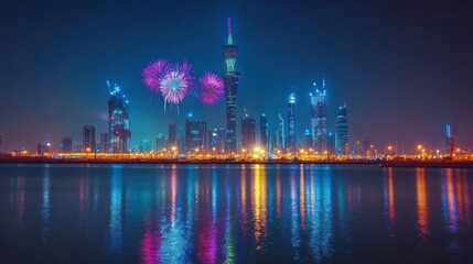Naklejka premium City skyline illuminated by fireworks at night.