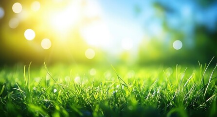 Obraz premium Vibrant Green Grass Under Sunlight with Bokeh Effect from Nature Creating a Refreshing Atmosphere for Outdoor and Natural Themes