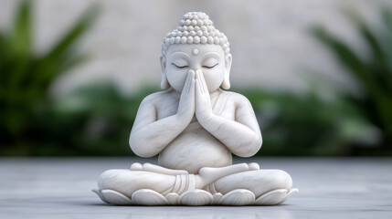 Serene white marble Buddha statue with hands in prayer pose set against a lush green background