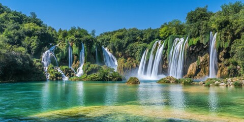 Obraz premium A scenic view of bright turquoise water cascading over majestic waterfalls. This landscape captures the beauty of nature in a tranquil setting. Perfect for travel or relaxation themes. AI
