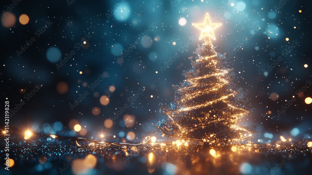 Poster christmas tree made of light path and sparkles with star on top. realistic vector illustration of gl