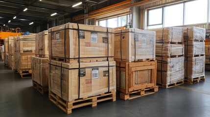 Industrial warehouse with wooden pallets and storage boxes
