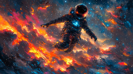 Astronaut floats in vibrant nebula.