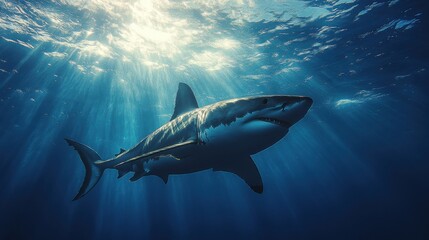 Obraz premium Great white shark swimming in deep ocean with sunlight rays shining through water, marine predator, underwater wildlife, sea exploration, aquatic nature, majestic creature.