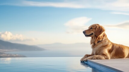 Soothing Relaxation for Your Dog concept. Golden retriever relaxing by a serene infinity pool.