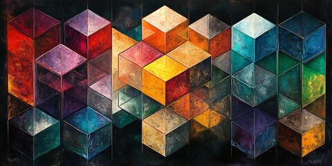 Fototapeta premium Abstract colorful cube artwork with geometric shapes and vibrant hues.