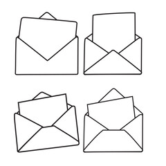 Set of open envelopes with letters. Outline design. Isolated icons. Black color. Hand drawn illustrations on white background.
