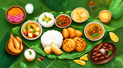 "A traditional Pongal meal served on a banana leaf, featuring sweet Pongal, vada, and a variety of South Indian dishes, highly detailed food illustration 