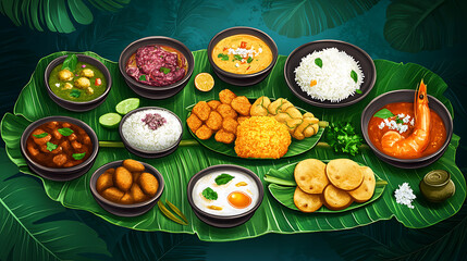 "A traditional Pongal meal served on a banana leaf, featuring sweet Pongal, vada, and a variety of South Indian dishes, highly detailed food illustration 