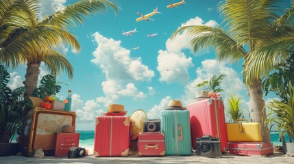 Fototapeta premium Colorful tropical beach scene with red luggage