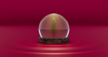 Illuminated tree within glass globe.  Glass ball and caustics in red background. 3D rendering.