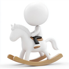 3D person sitting on rocking horse looking playful isolated on white background

