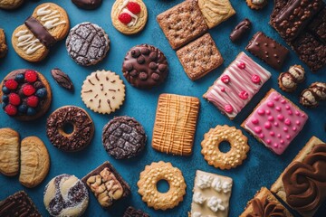 Fototapeta premium Assorted Delicious Cookies Arranged On Blue Background