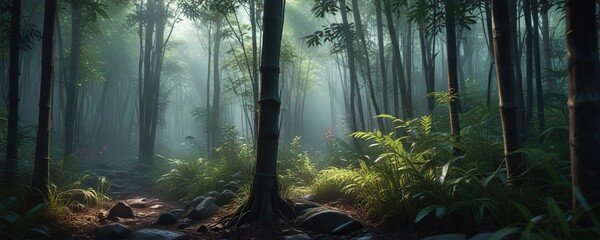 dark forest with a few bamboo stalks peeking through the underbrush, mysterious, landscape, foliage