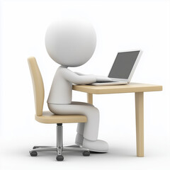 3D person sitting at desk with laptop working diligently isolated on white background

