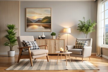 Scandinavian Neutral Living Room: Minimalist Wooden Sideboard, Beige Armchair, Plaid Throw, Rule of Thirds Composition