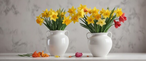 Daffodil and tulip mix in a white ceramic vase, cheerful decoration , garden flowers