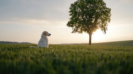 Obraz premium Soothing Relaxation for Your Dog concept. A dog sits peacefully near a tree at sunset.