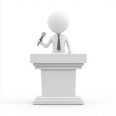 3D person standing behind podium giving presentation isolated on white background

