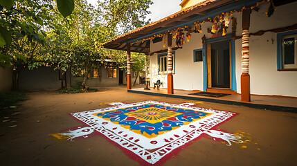"A vibrant and festive Kolam design in front of a traditional South Indian home, adorned with Pongal-themed decorations, designed for cultural awareness content 
