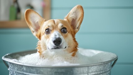 Soothing Relaxation for Your Dog concept. Corgi dog in a bubble bath, enjoying a spa moment.