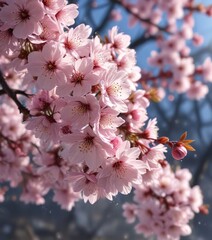 Cherry blossoms in full bloom with a subtle hint of morning dew , soft focus, fresh flowers