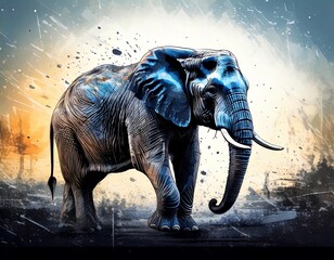 Silhouette of giant futuristic elephants watercolor digital art