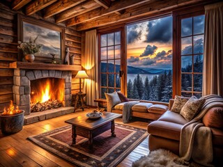 Cozy Cabin Fireplace: Winter Wonderland Relaxation, Wide Angle Photography