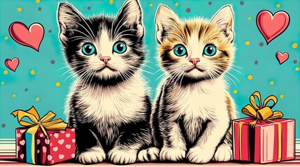 cute cats sitting together surrounded by hearts and gifts - perfect for a whimsical poster in your home, office, or cat lover's room decor!