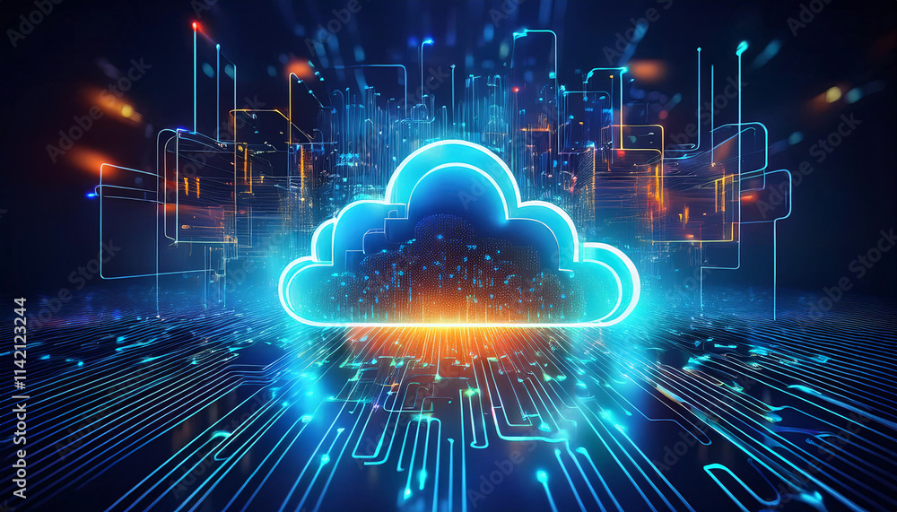 Poster a glowing blue cloud with data streams flowing from it, set against a backdrop of circuit boards and
