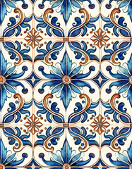 Ornate tile pattern with blue and brown floral and leaf motifs, featuring symmetrical and intricate designs, showcasing the beauty of traditional craftsmanship Generative AI