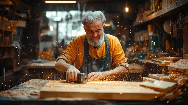 Senior carpenter working with a grinder in a workshop, sawdust and sparks flying.