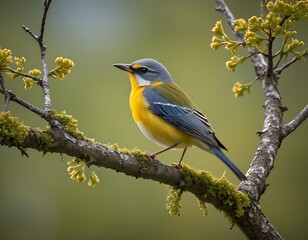Fototapeta premium Euphonia or eufonia is a genus of neotropical birds in the sparrow family. Wallpaper of bird perched on tree branches up close