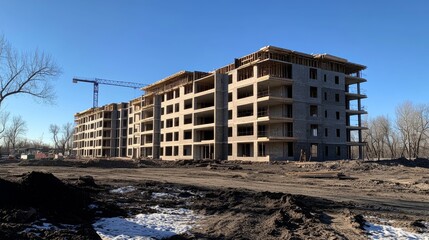 Fototapeta premium Large apartment building under construction in bright sunlight