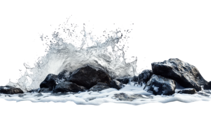Ocean waves crashing on rocks, transparent background