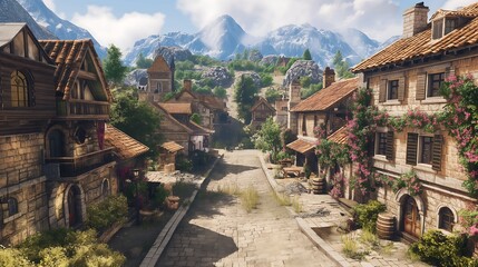 A cozy European village surrounded by lush green fields and colorful flower beds, with rustic stone houses glowing under a clear spring sky.