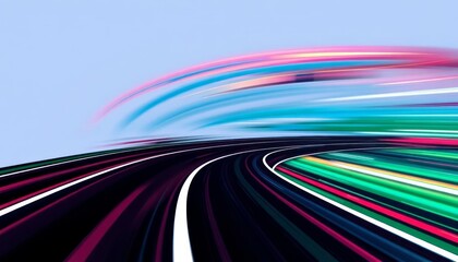 A dynamic and abstract image of a curved road with vibrant light trails, evoking a sense of speed and movement. Perfect for motion, technology, and automotive-related projects.