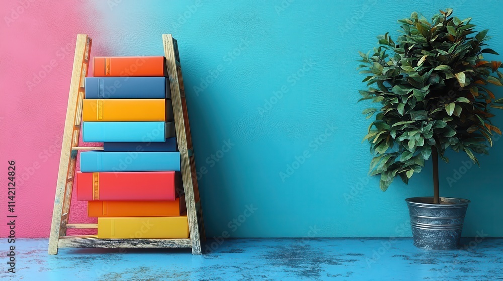 Poster a solid background with a small ladder and colorful books stacked on i