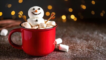 Red Mug with Hot Chocolate and Melted Marshmallow Snowman &ndash; Cozy Christmas Treat