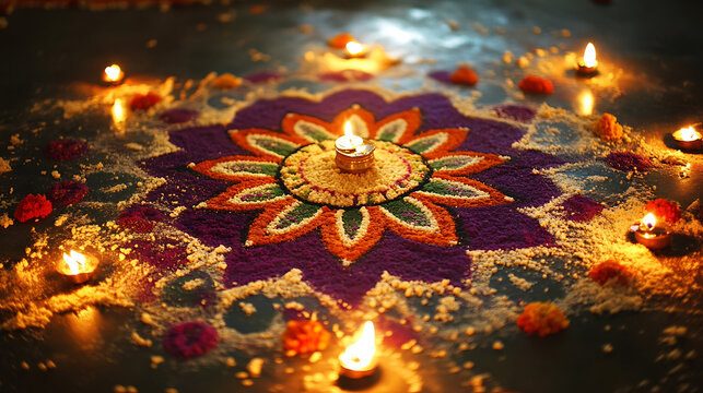 "An artistic depiction of a Kolam (rangoli) design created with rice flour and vivid colors, surrounded by oil lamps and Pongal-themed decorations, ideal for graphic designers 