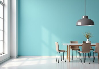 Modern interior design of apartment, empty living room with blank blue wall, dining room with table and chairs, interior background