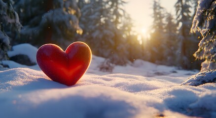 Fototapeta premium A red heart shape in the snow. It looks very attractive, and it is illuminated by the sunlight. A romantic idea to commemorate and celebrate Valentine's Day.