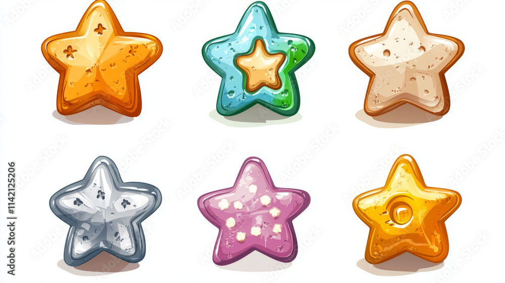 Poster star shape buttons with gold, silver, stone, marble and cheese textures for ui design. vector cartoo
