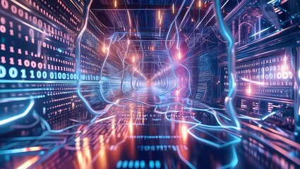 Obraz premium Enter a futuristic virtual world filled with reflective lines of nerve impulses and electrical currents, resembling electronic holograms. This high-tech scene captures modern technology in a dynamic, 