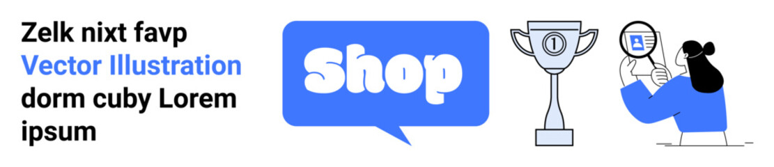 Large blue shop button text and graphics of a trophy and a woman analyzing products Themes, Ideal for e-commerce digital marketing online retail promotions sales campaigns and product reviews Banner