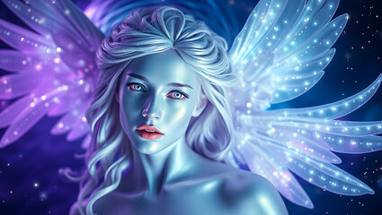 A digital painting of a woman with large, iridescent wings. Her expression is serious, and her skin has a metallic sheen. The background is dark and starry.