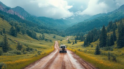 along a picturesque mountain road drives a white tourist bu
