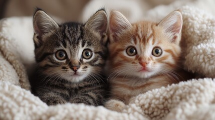 Two adorable kittens resting on a cozy blanket, ginger and tabby cats with bright eyes, cute pets, domestic animals, playful companions, home decor.
