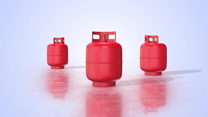 Gas Cylinders on a Light Reflective Floor. Red Gas Cylinder with Golden Nozzle. 4K