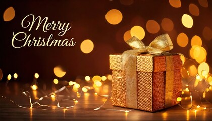 Christmas Card with Merry Christmas Text &ndash; Beautiful Gift Box and Golden Decorations